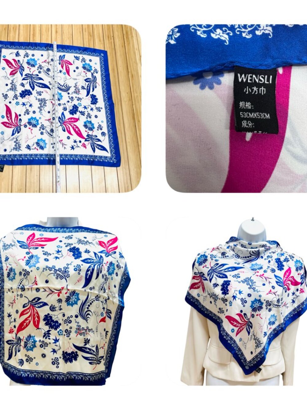 2 Neck-Kerchief Silk Trussardi &Wensli 19" - 20.5" White pink blue floral (30) - Picture 8 of 15
